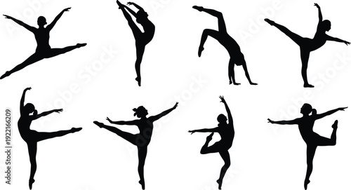 Black dancer silhouette set featuring eight expressive ballet and contemporary dance poses, ideal for choreography, performance, art reference, fitness, and design projects