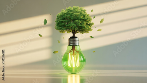 Eco friendly light bulb with green tree and leaves on a reflective surface with sunlight