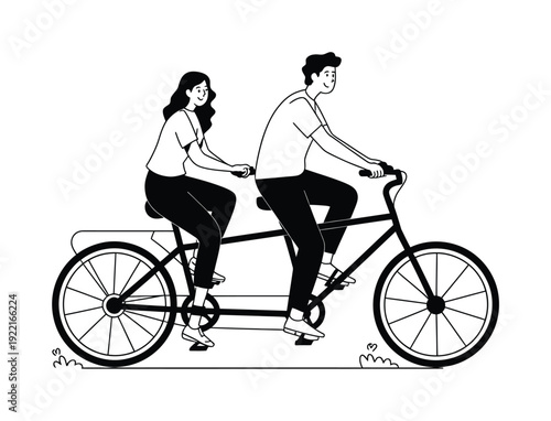 Couple riding a tandem bicycle, enjoying a leisurely outdoor activity together