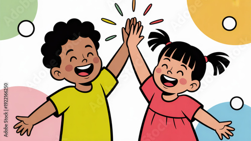 Two happy children giving high five smiling kids in colorful playful background with fun design elements