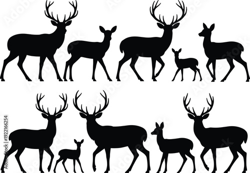 Black deer silhouette set featuring bucks with antlers, does, and fawns in standing and walking poses, perfect for wildlife, nature, hunting, and design projects