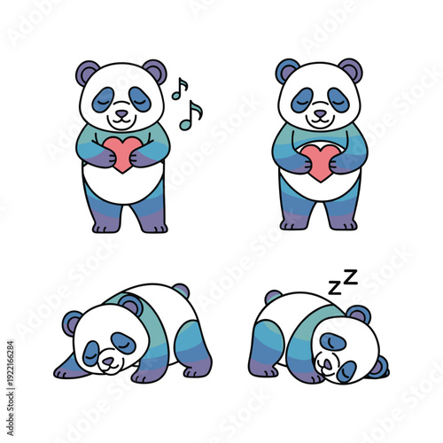 Cute cartoon pandas showing love and relaxation with heart and sleep symbols