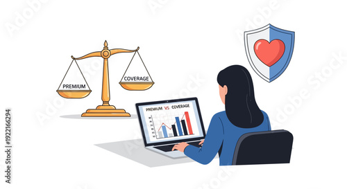 Woman analyzing insurance coverage and premium comparison with protection symbol