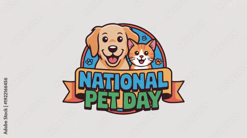 Obraz premium National pet day logo with dog and cat colorful cartoon illustration for animal lovers and pet owners celebrating special day