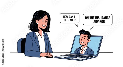 Woman consults online insurance advisor via laptop computer illustration
