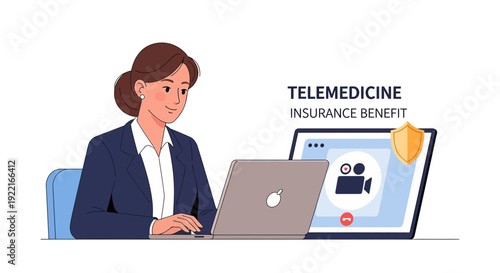 Woman at laptop discussing telemedicine insurance benefit on white background
