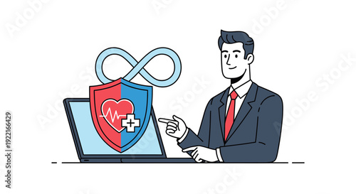 Woman holding laptop with business chart and security icon illustration