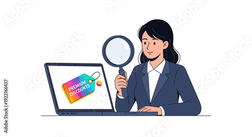 Woman examining laptop screen with magnifying glass advertising deals and discounts