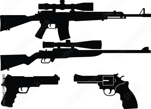 Black firearm silhouette set featuring rifles with scopes, semi-automatic pistol, and revolver, perfect for weapon design, security, military, and educational projects