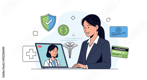 Woman consulting doctor online using laptop computer health insurance concept