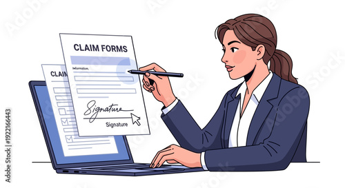 Woman fills claim forms on a laptop computer against a white background