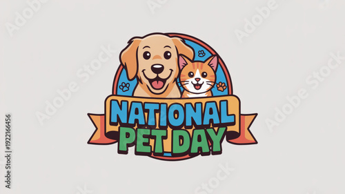 National pet day logo with dog and cat colorful cartoon illustration for animal lovers and pet owners celebrating special day