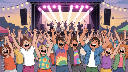 Cheering crowd at outdoor music festival with stage lights joyful audience celebrating at dusk