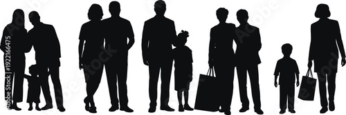 Family silhouettes shopping together parents and children holding bags, retail lifestyle bonding concept, black shadow people flat vector illustration