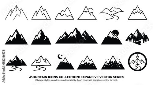 Mountain Icons Collection: Expansive Vector Series of Nature and Adventure Symbols.