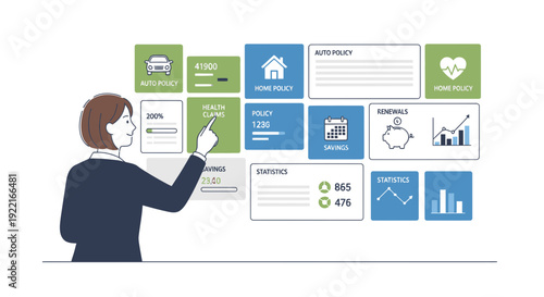 Woman interacting with financial interface displaying insurance options