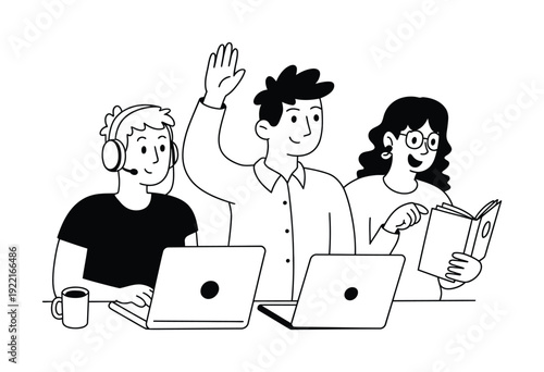 Diverse group of students learning and collaborating with laptops and books