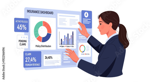 Woman interacting with insurance dashboard displaying financial data