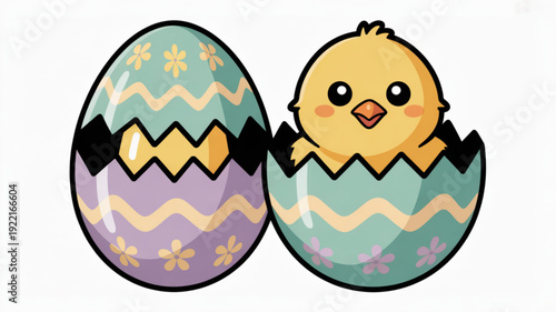 Cute easter chick hatching from decorated egg with flowers and zigzag patterns on white background