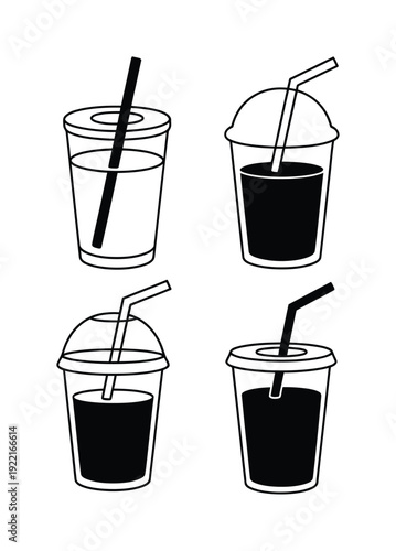 Four stylized of drinks in clear cups with straws
