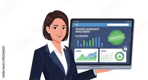 Woman presenting financial data on laptop screen for insurance investment