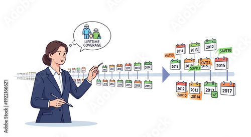 Woman presenting financial timeline with lifetime coverage illustration
