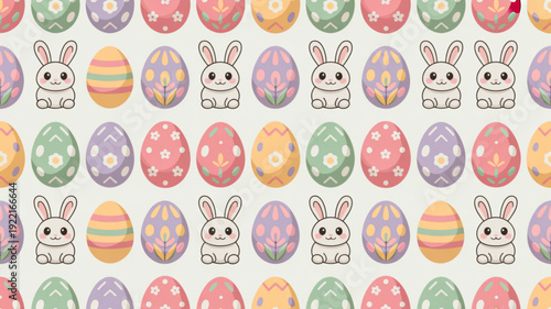 Colorful easter eggs and bunnies pattern on white background festive holiday design