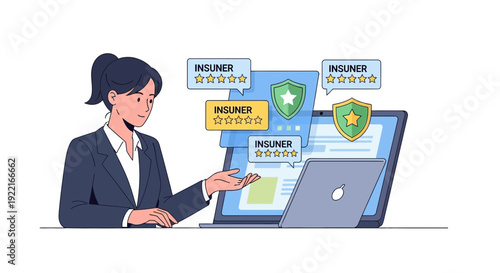 Woman presenting insurance options on a laptop screen with rating bubbles