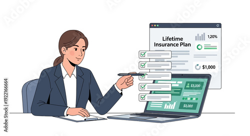 Woman presenting insurance plan on laptop screen with financial data