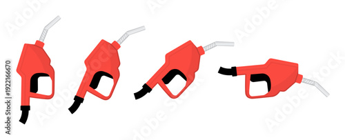 Red fuel nozzle set petrol gasoline pump handles in different angles vector illustration