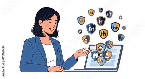 Woman presenting shields on laptop screen concept illustrating insurance and protection