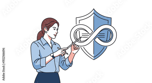 Woman presenting security concept with infinite loop and shield illustration