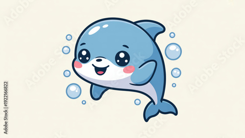 Smiling cartoon dolphin swimming with bubbles in ocean water playful marine mammal with cheerful expression