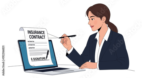 Woman signing insurance contract on laptop illustrative concept