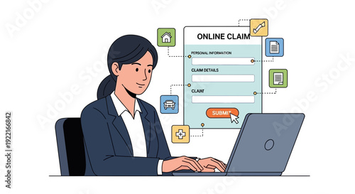 Woman submits online claim using laptop digital interface concept