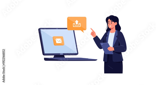 Woman submitting claim online using laptop computer with upload icon