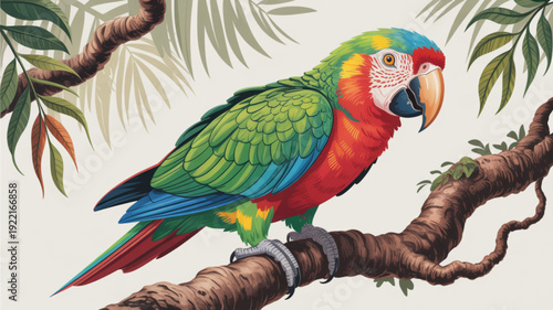 Vibrant macaw perched on tropical tree branch with lush green leaves in jungle habitat