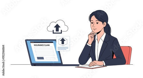Woman submitting insurance claim online digital illustration