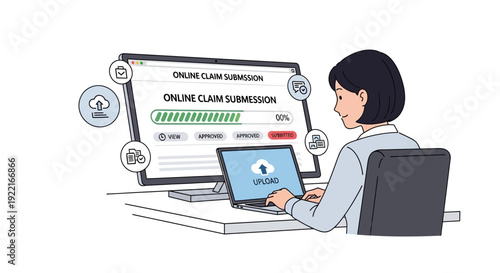 Woman submitting online claim digital illustration technology concept