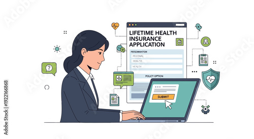 Woman submitting lifetime health insurance application online on laptop