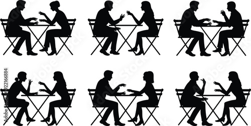 Black human silhouette illustration featuring six pairs of people sitting at tables engaged in conversation, perfect for communication, counseling, interviews, and design projects