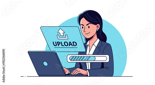Woman uploading data online on laptop digital vector illustration