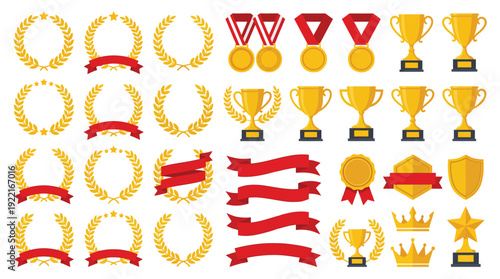 Golden Awards Collection: Trophies, Medals, and Laurel Wreaths with Red Ribbons and Shield.