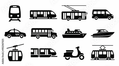 Collection of various transportation icons including train, bus, and boat in a grid layout