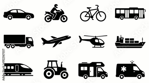 Collection of various transportation icons including vehicles and crafts depicted in a simple graphic style