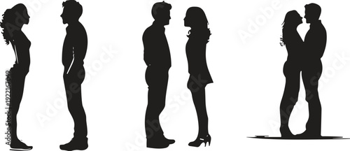 Flat vector illustration of couple silhouettes, relationship stages design, black graphic art, isolated people symbol for creative romantic commercial projects