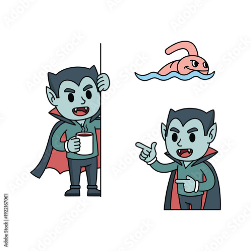 Cartoon vampire characters with coffee and donut in a humorous illustration style