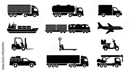 Collection of logistics vehicles and equipment including trucks, forklift, and airplane in various industrial settings