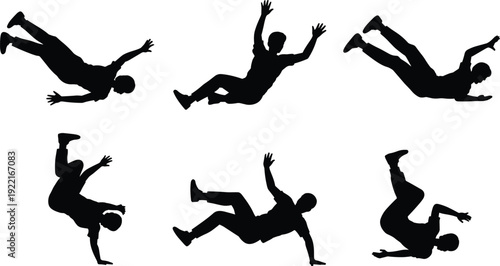 Black human silhouette set featuring six expressive falling and tumbling poses, ideal for motion studies, art reference, animation, psychology, and design projects