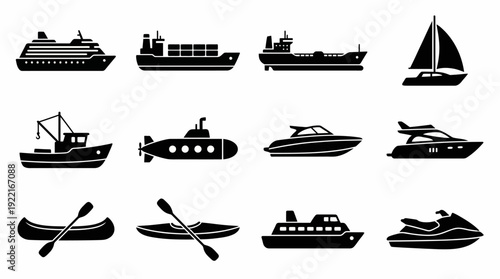 Collection of various watercraft silhouettes including boats, ships, and jet skis on a clean background viewed from the side
